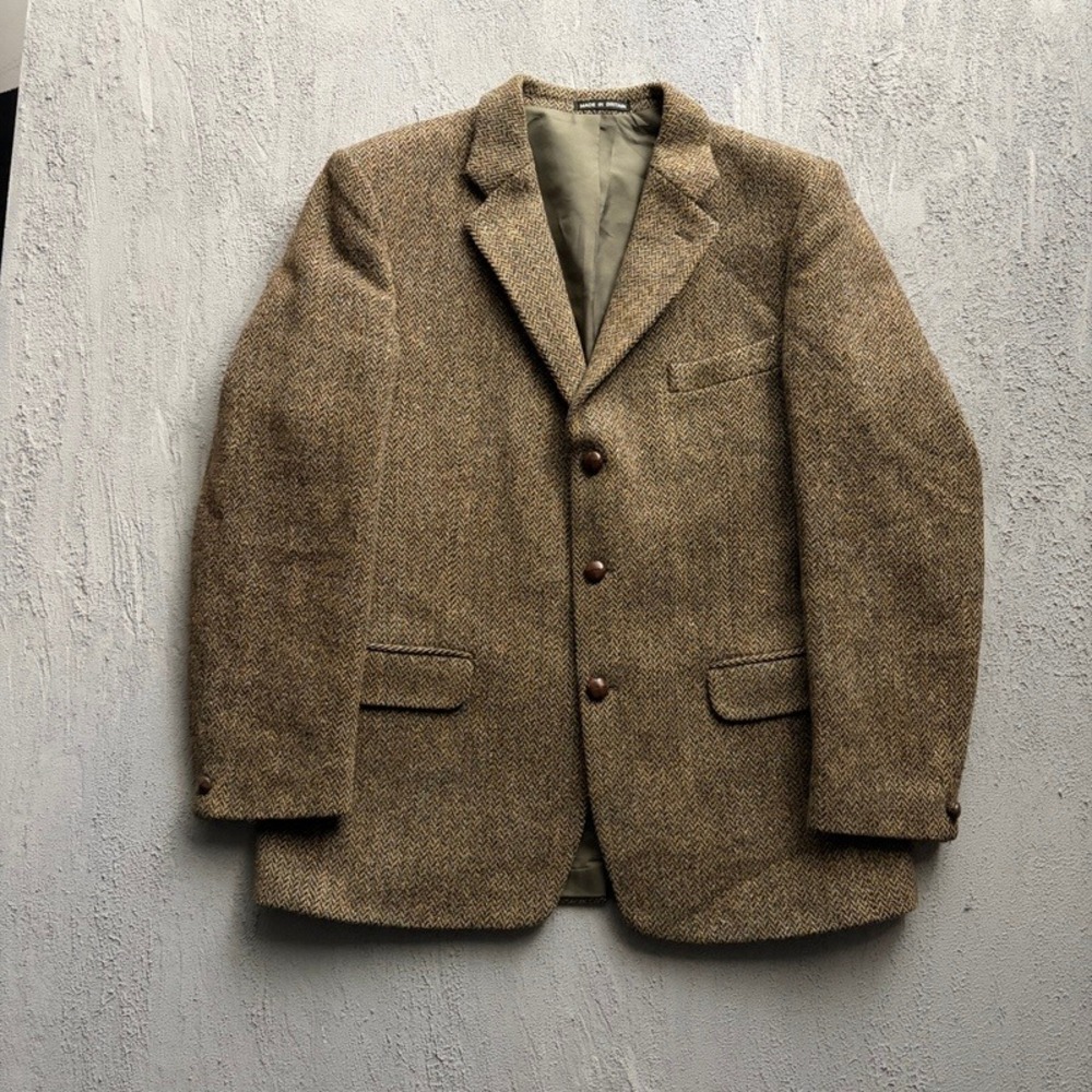 Vintage Dunn & Co Harris Tweed Sport Coat Medium Brown 1970s Herringbone Blazer